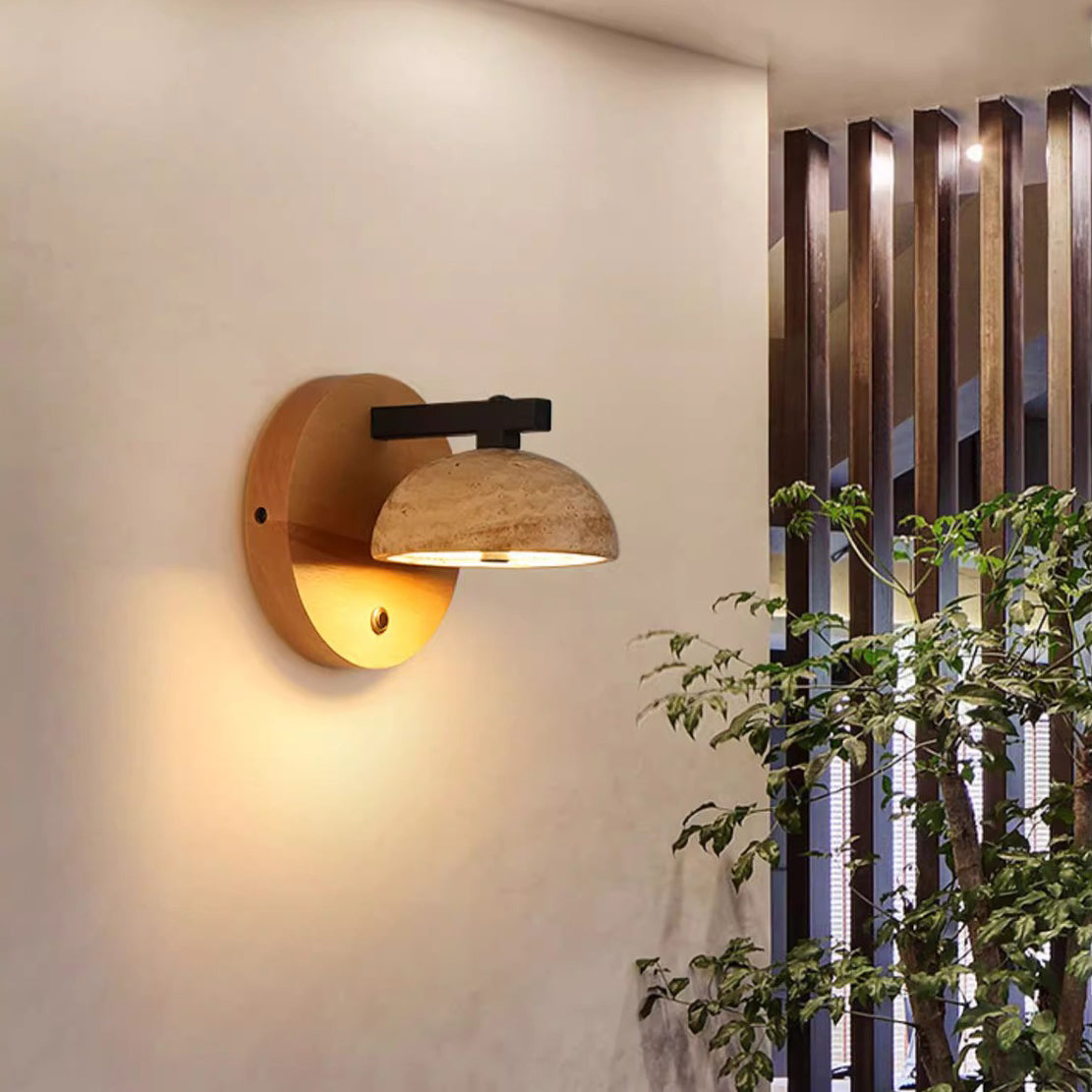 Japanese Travertine Shade Wooden Base LED Wall Sconce Lamp