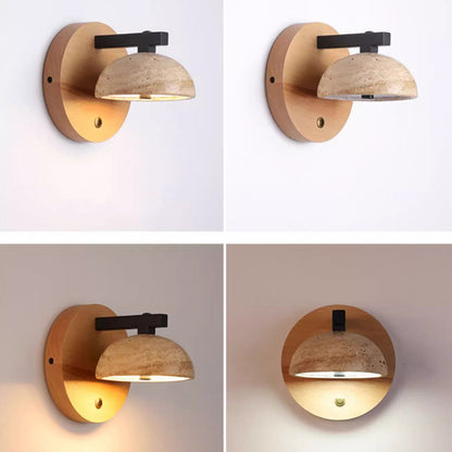 Japanese Travertine Shade Wooden Base LED Wall Sconce Lamp