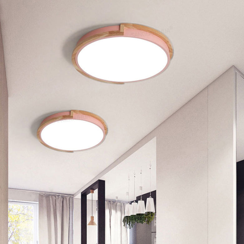Contemporary Nordic Round Wood Iron Frame Acrylic Shade LED Flush Mount Ceiling Light For Bedroom