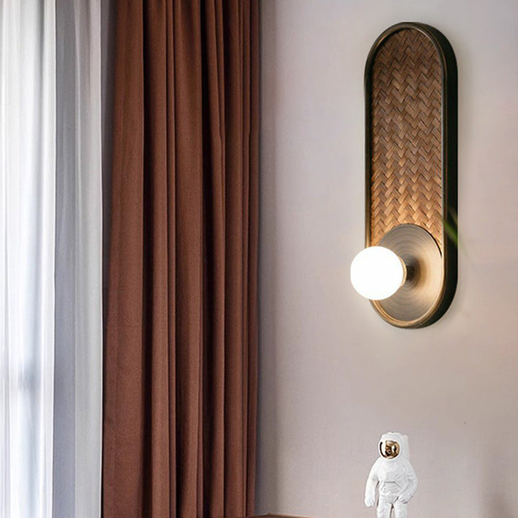 Japanese Oval Orb Wood Glass 1-Light Wall Sconce Lamp