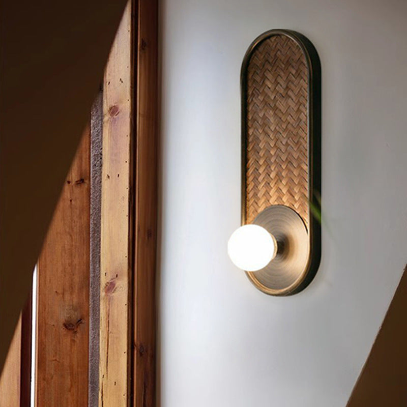 Japanese Oval Orb Wood Glass 1-Light Wall Sconce Lamp