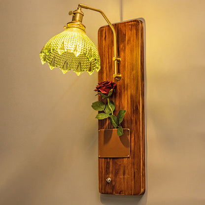 Japanese Rectangle Round Wooden Base Glass Shade 1-Light
