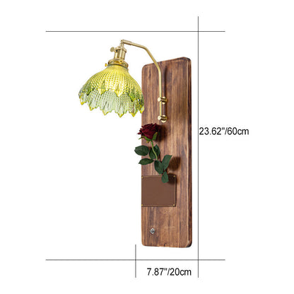 Japanese Rectangle Round Wooden Base Glass Shade 1-Light