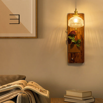 Japanese Rectangle Round Wooden Base Glass Shade 1-Light