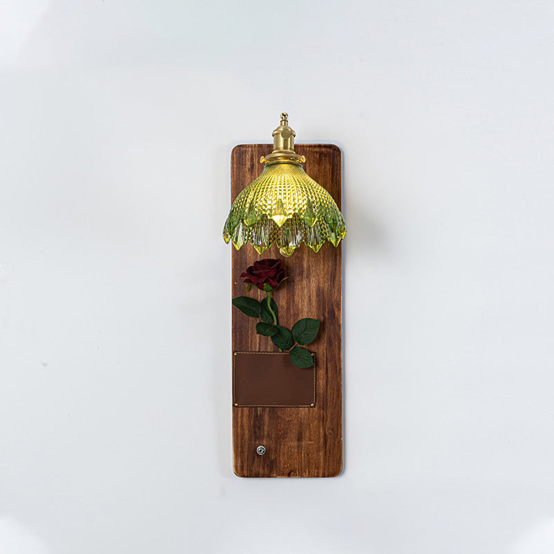 Japanese Rectangle Round Wooden Base Glass Shade 1-Light