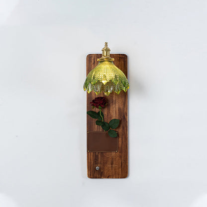 Japanese Rectangle Round Wooden Base Glass Shade 1-Light