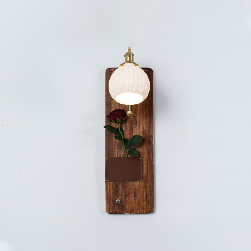 Japanese Rectangle Round Wooden Base Glass Shade 1-Light