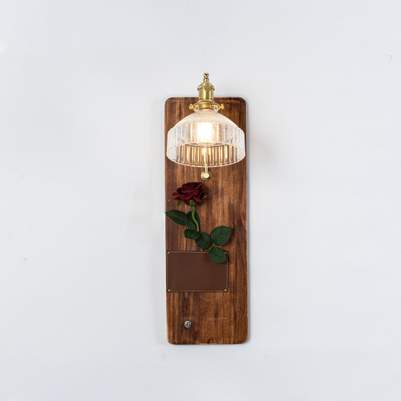 Japanese Rectangle Round Wooden Base Glass Shade 1-Light