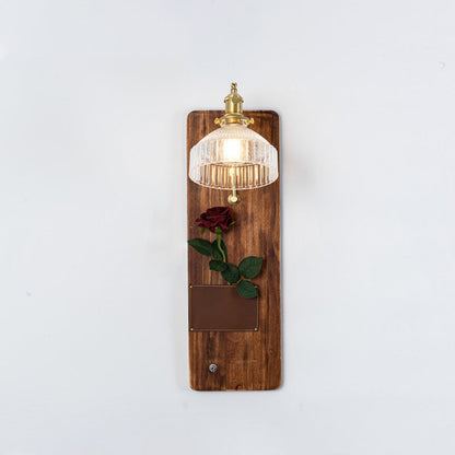 Japanese Rectangle Round Wooden Base Glass Shade 1-Light