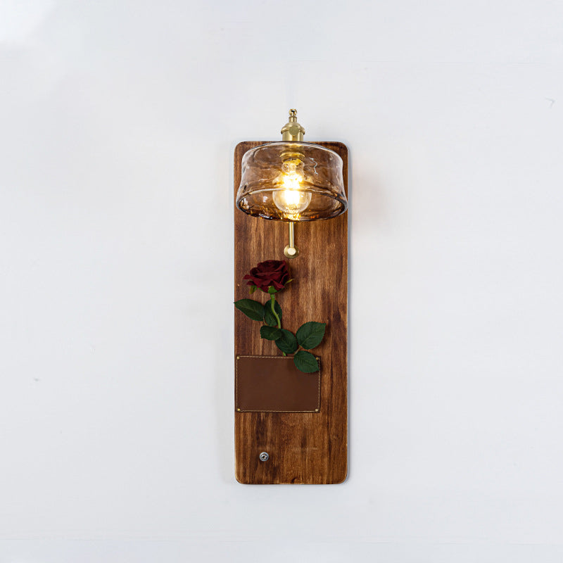 Japanese Rectangle Round Wooden Base Glass Shade 1-Light