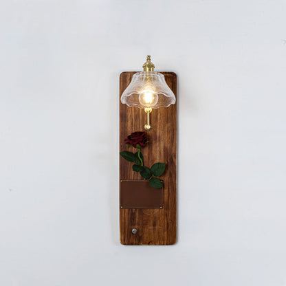 Japanese Rectangle Round Wooden Base Glass Shade 1-Light