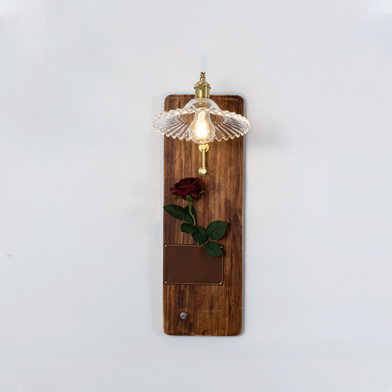 Japanese Rectangle Round Wooden Base Glass Shade 1-Light