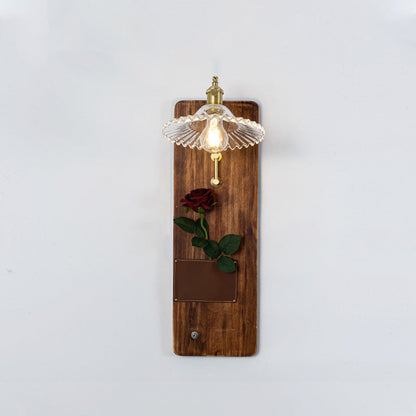 Japanese Rectangle Round Wooden Base Glass Shade 1-Light