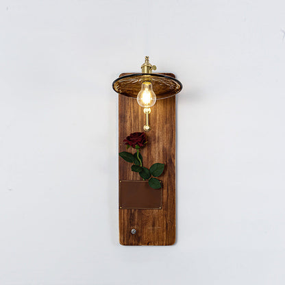 Japanese Rectangle Round Wooden Base Glass Shade 1-Light