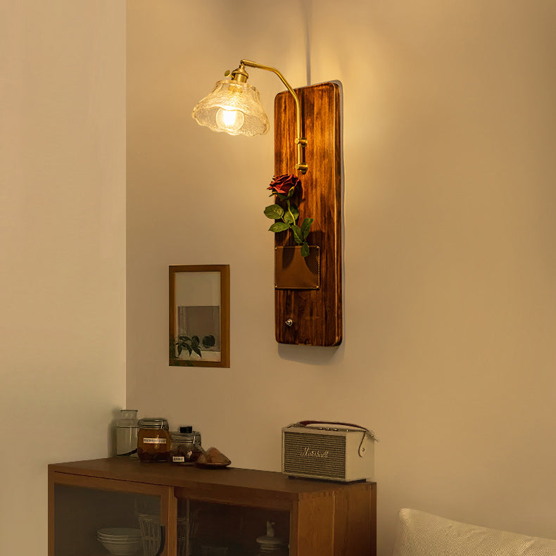 Japanese Rectangle Round Wooden Base Glass Shade 1-Light