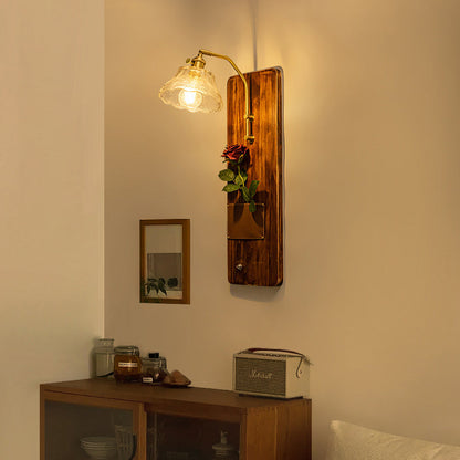 Japanese Rectangle Round Wooden Base Glass Shade 1-Light