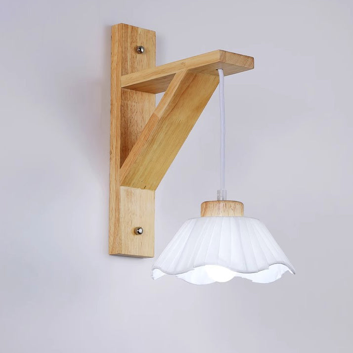 Tripod Fabric Glass Shade Wood 1-Light Wall Sconce Lamp