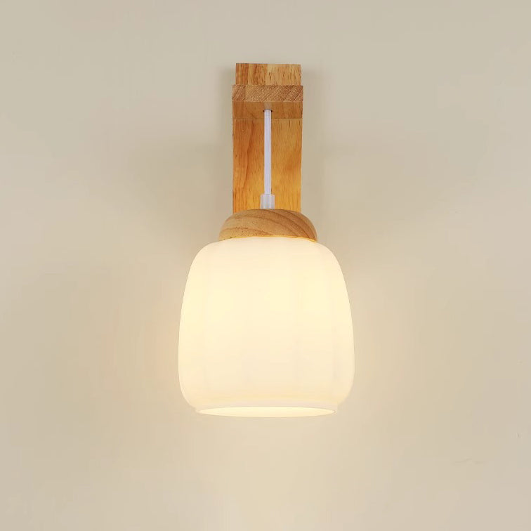 Tripod Fabric Glass Shade Wood 1-Light Wall Sconce Lamp
