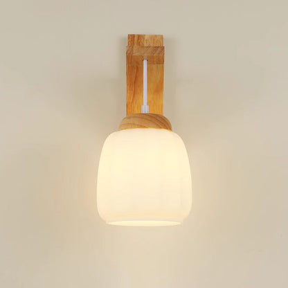 Tripod Fabric Glass Shade Wood 1-Light Wall Sconce Lamp