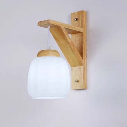 Tripod Fabric Glass Shade Wood 1-Light Wall Sconce Lamp