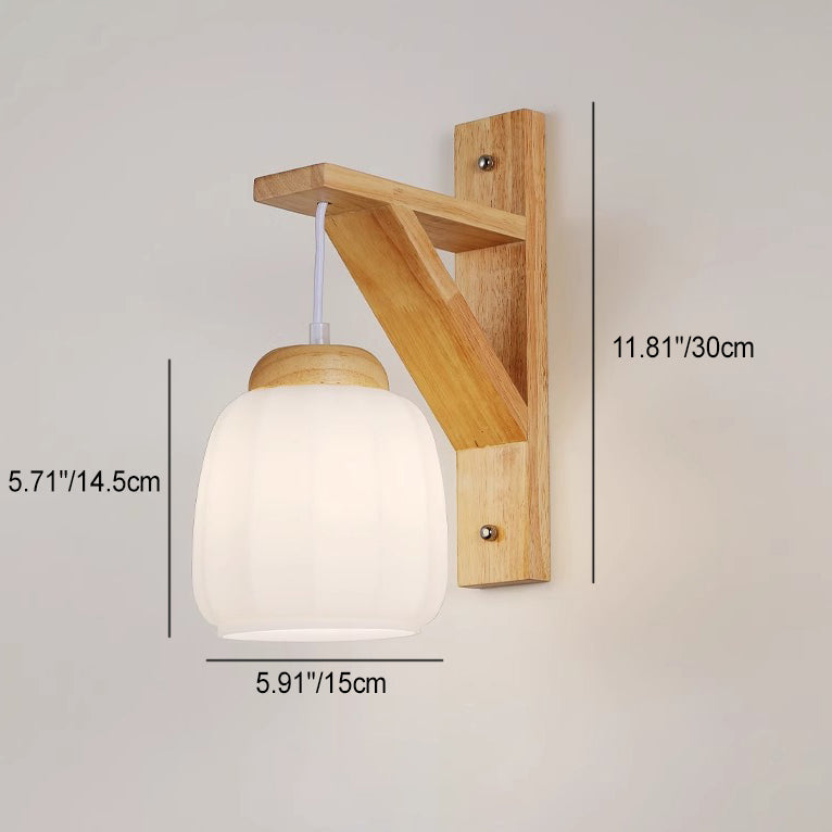 Tripod Fabric Glass Shade Wood 1-Light Wall Sconce Lamp