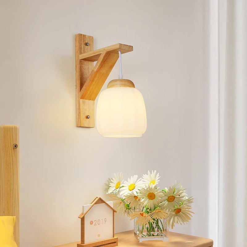 Tripod Fabric Glass Shade Wood 1-Light Wall Sconce Lamp