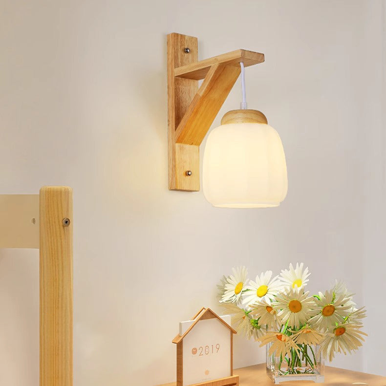 Tripod Fabric Glass Shade Wood 1-Light Wall Sconce Lamp