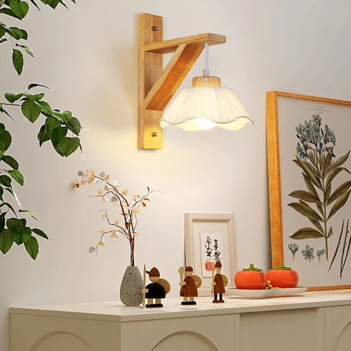 Tripod Fabric Glass Shade Wood 1-Light Wall Sconce Lamp