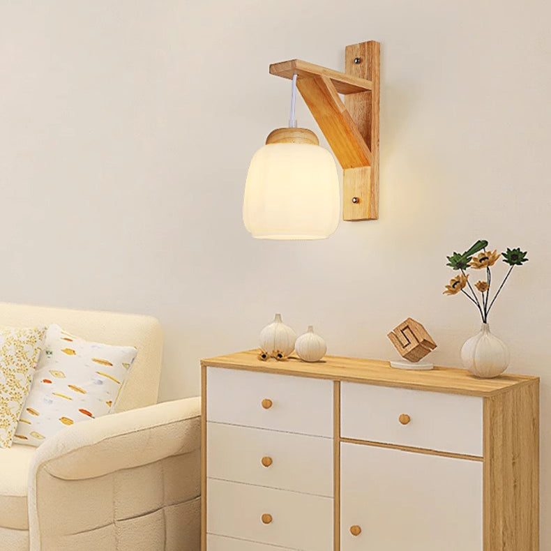 Tripod Fabric Glass Shade Wood 1-Light Wall Sconce Lamp