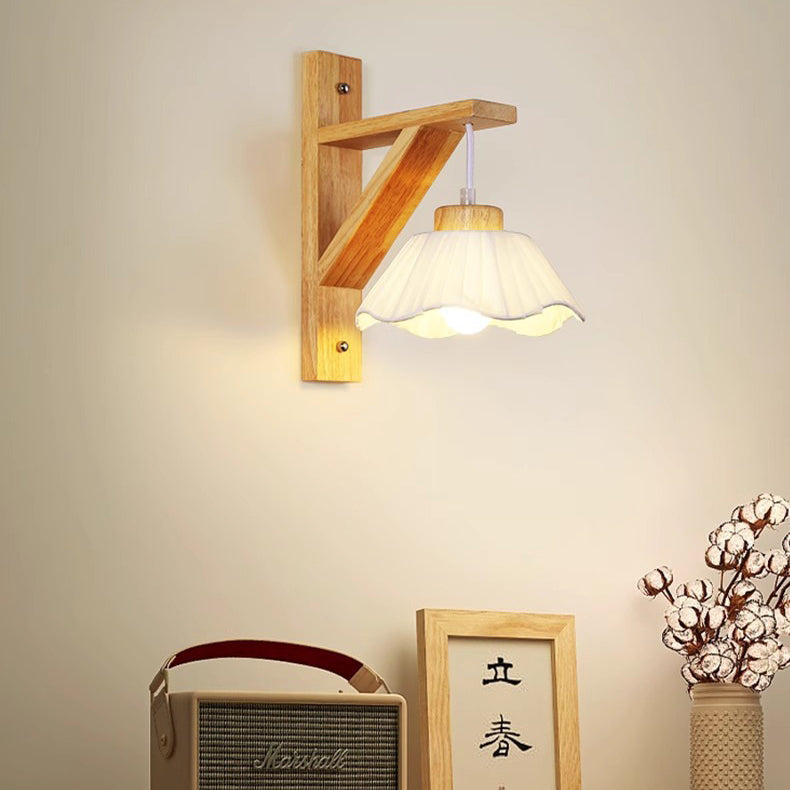 Tripod Fabric Glass Shade Wood 1-Light Wall Sconce Lamp