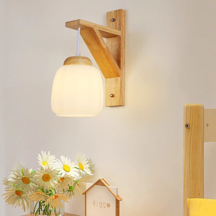 Tripod Fabric Glass Shade Wood 1-Light Wall Sconce Lamp