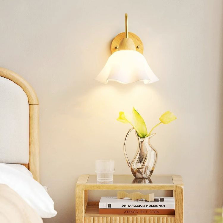 Flower Acrylic Shade Wood Frame 1-Light Wall Sconce Lamp
