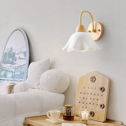 Flower Acrylic Shade Wood Frame 1-Light Wall Sconce Lamp