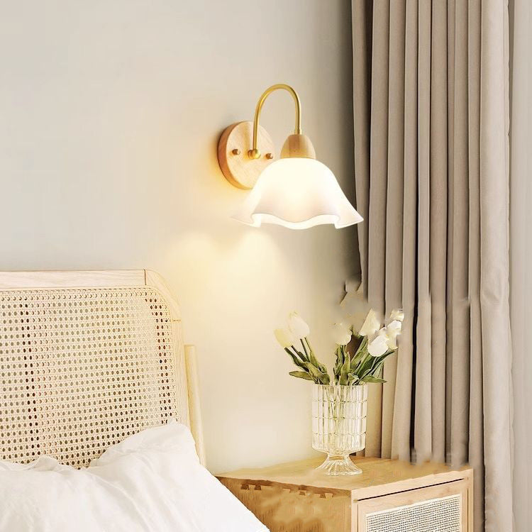 Flower Acrylic Shade Wood Frame 1-Light Wall Sconce Lamp
