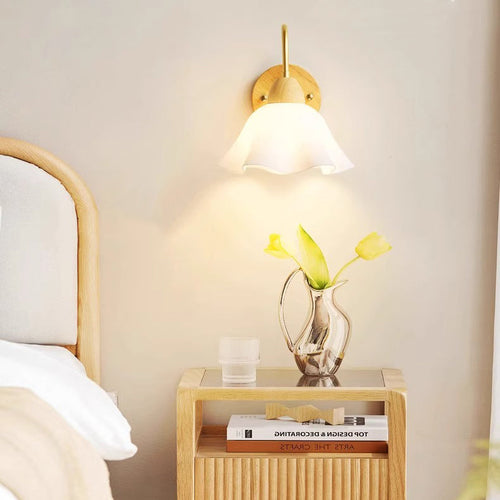 Flower Acrylic Shade Wood Frame 1-Light Wall Sconce Lamp
