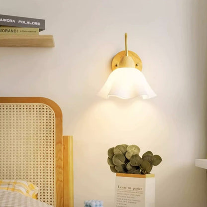 Flower Acrylic Shade Wood Frame 1-Light Wall Sconce Lamp
