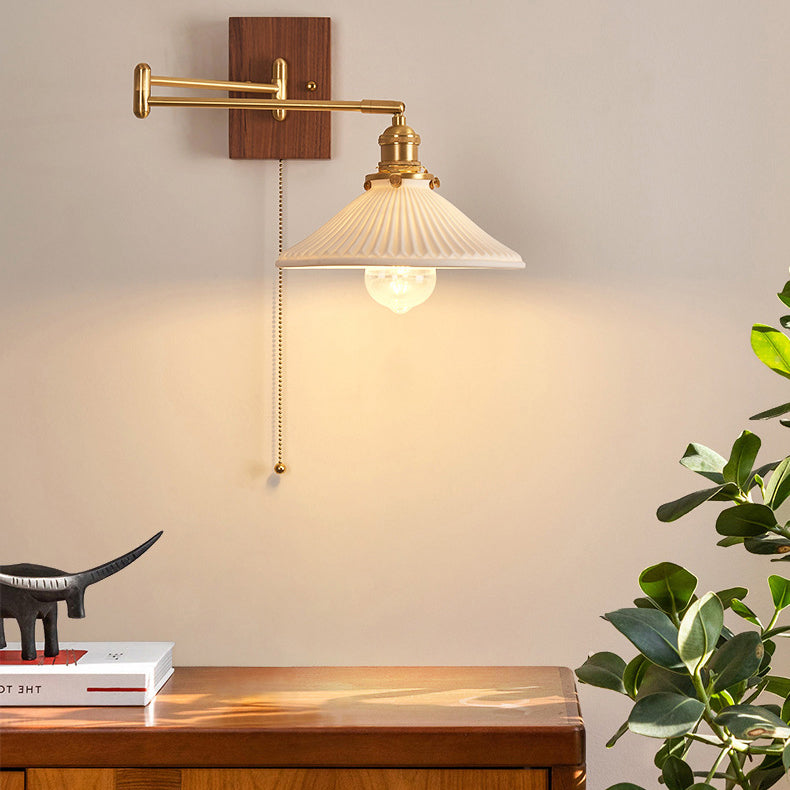 Swingable Shade Wooden Copper 1-Light Wall Sconce Lamp