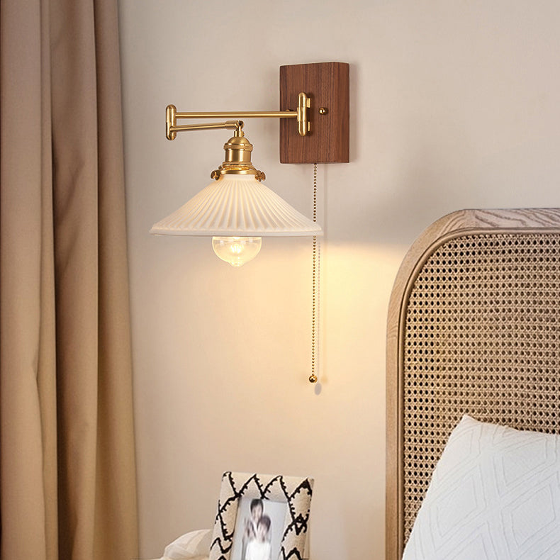 Swingable Shade Wooden Copper 1-Light Wall Sconce Lamp