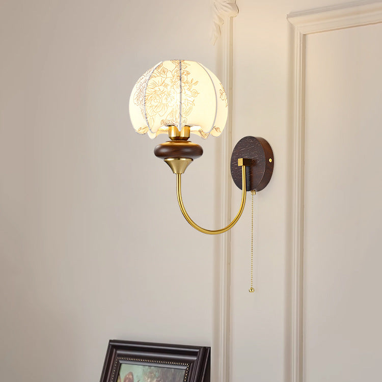 French Shade Iron Wood Frame 1-Light Wall Sconce Lamp