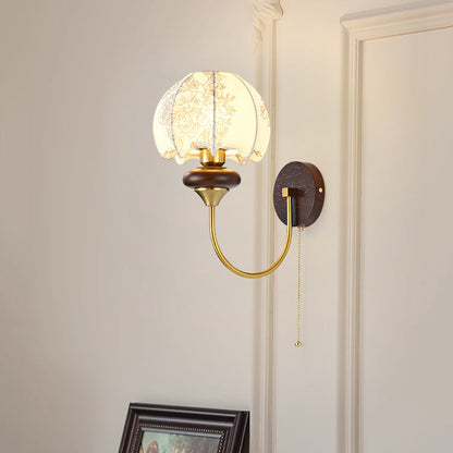 French Shade Iron Wood Frame 1-Light Wall Sconce Lamp