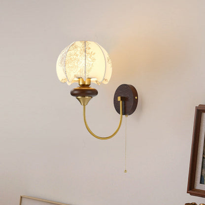 French Shade Iron Wood Frame 1-Light Wall Sconce Lamp
