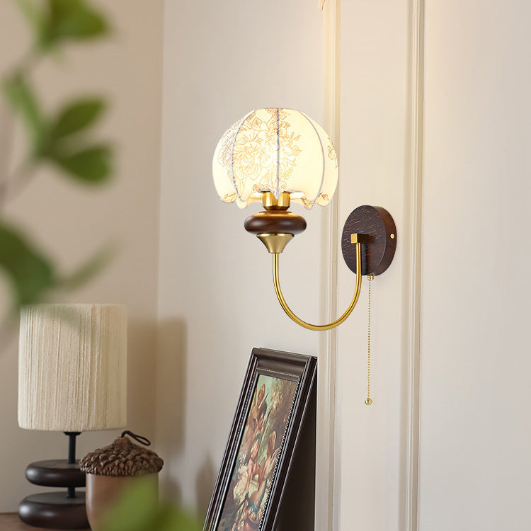 French Shade Iron Wood Frame 1-Light Wall Sconce Lamp