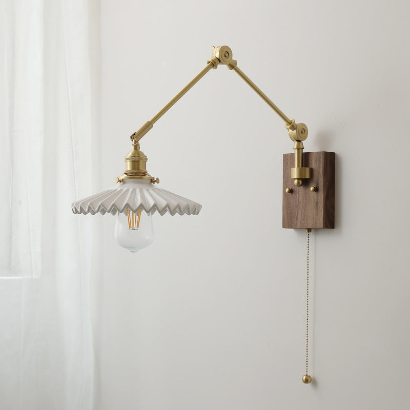 Swing Ceramic Shade Wood Brass 1-Light Wall Sconce Lamp