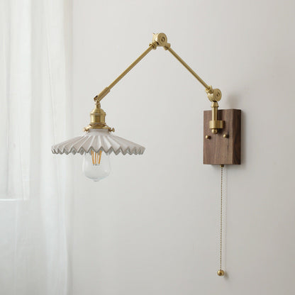 Swing Ceramic Shade Wood Brass 1-Light Wall Sconce Lamp