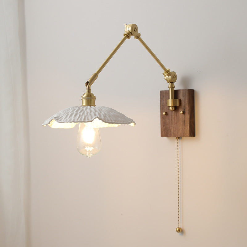 Swing Ceramic Shade Wood Brass 1-Light Wall Sconce Lamp