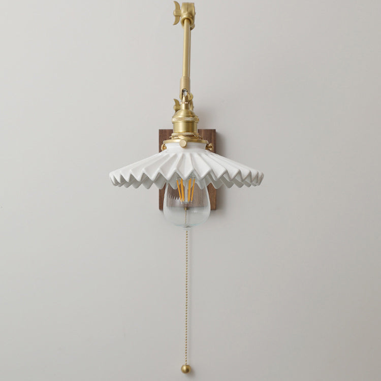 Swing Ceramic Shade Wood Brass 1-Light Wall Sconce Lamp
