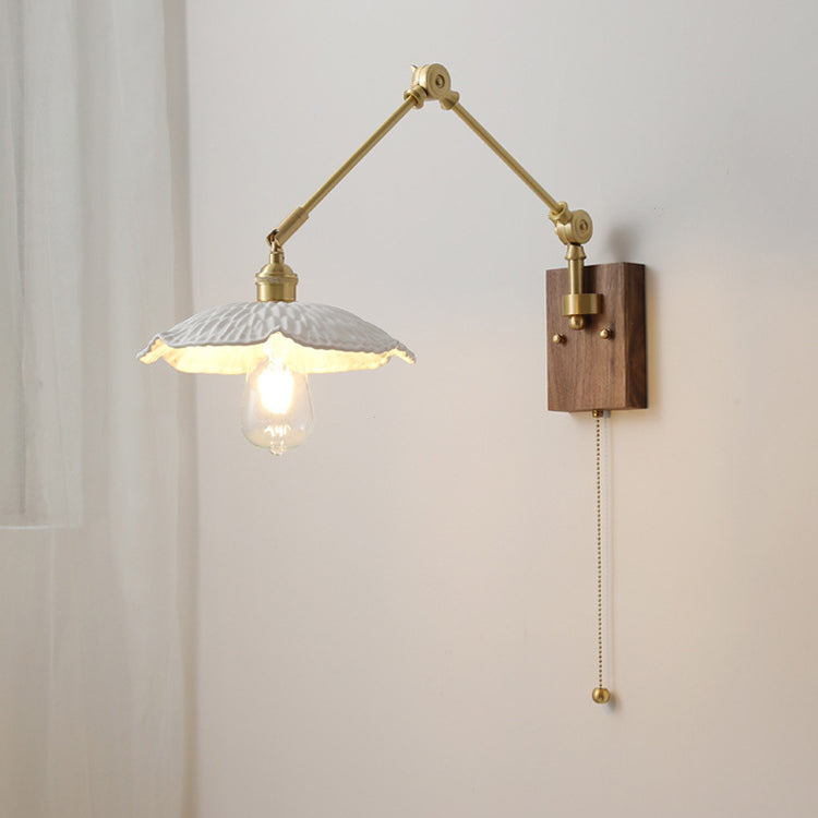 Swing Ceramic Shade Wood Brass 1-Light Wall Sconce Lamp