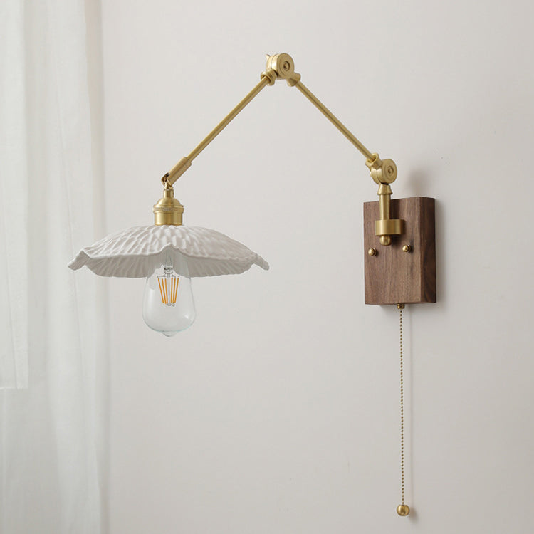 Swing Ceramic Shade Wood Brass 1-Light Wall Sconce Lamp