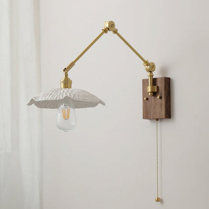 Swing Ceramic Shade Wood Brass 1-Light Wall Sconce Lamp