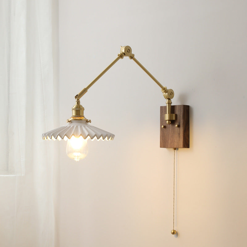 Swing Ceramic Shade Wood Brass 1-Light Wall Sconce Lamp